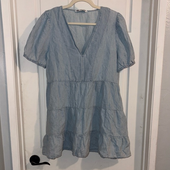 Zara Light Blue Puff Sleeve Dress - Picture 3 of 5